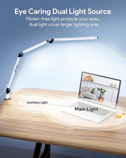 MediAcous LED Desk Lamp with Clamp, Dual Light Desk Lamp with Swing Arm, Dimmable 4 Color Modes & 4 Brightness Table Lamp, Eye-Caring Clip-on Lamp with Memory Function for Home Office, White - LeafyLoom