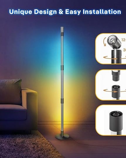 RGB+IC Floor Lamp, 2 Pack Smart LED Corner Lamp with Music Sync and 16 Million DIY Colors, App & Remote Control, 360° Rotating Standing Floor Lamp with Spotlight for Bedroom Living Room - LeafyLoom