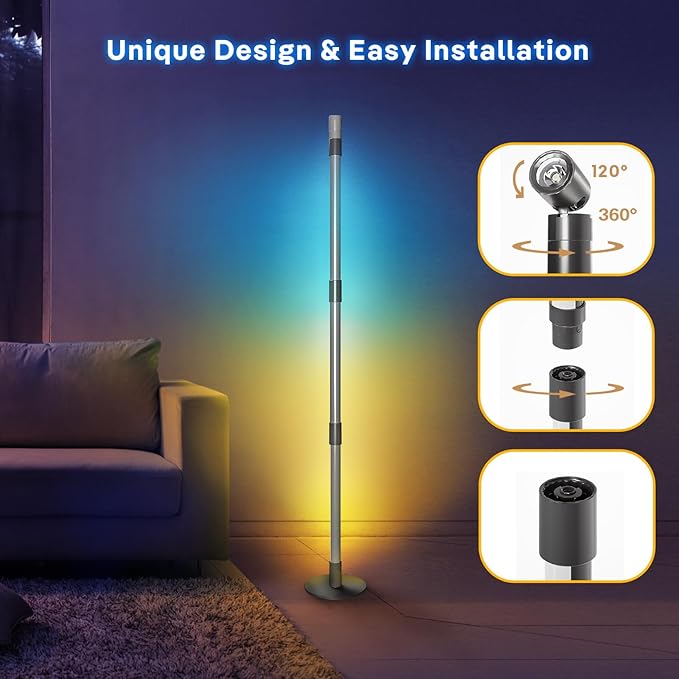 RGB+IC Floor Lamp, 2 Pack Smart LED Corner Lamp with Music Sync and 16 Million DIY Colors, App & Remote Control, 360° Rotating Standing Floor Lamp with Spotlight for Bedroom Living Room - LeafyLoom