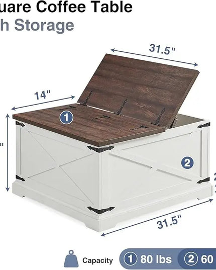 Farmhouse Square Coffee Table with Storage, Wood Center Table with Hinged Lift Top, Rustic Cocktail Table with Large Hidden Storage Compartment for Living Room, Bedroom,White - LeafyLoom