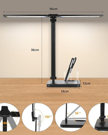 Desk Lamp, Dual Head Desk Light, 5 Lighting Colors & 10 Brightness Reading Light, LED Desk Lamp for Home Office, Table Lamp for Bedroom Desktop, Study, Craft (Black, with Adapter) - LeafyLoom