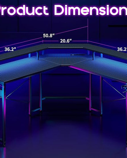 ODK L Shaped Gaming Desk with LED Lights & Power Outlets, 50.8" Computer Desk with Full Monitor Stand, Corner Desk with Cup Holder, Gaming Table with Hooks, Black Carbon Fiber - LeafyLoom