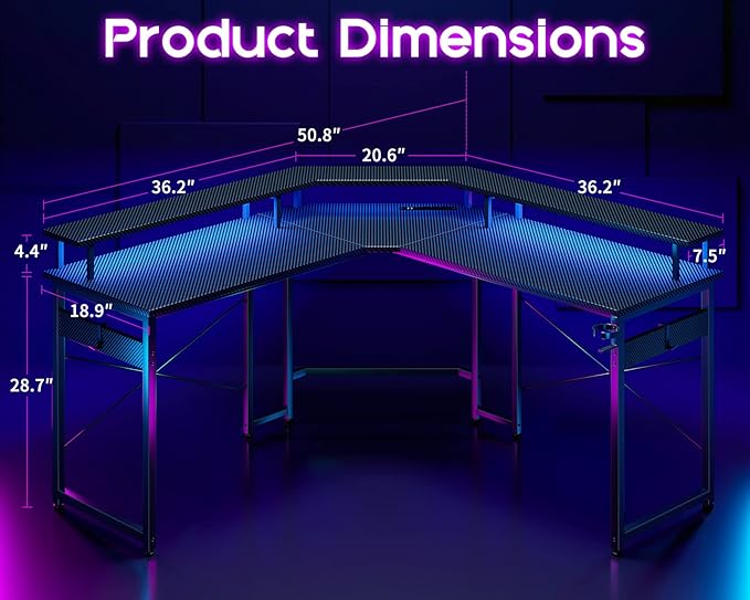 ODK L Shaped Gaming Desk with LED Lights & Power Outlets, 50.8" Computer Desk with Full Monitor Stand, Corner Desk with Cup Holder, Gaming Table with Hooks, Black Carbon Fiber - LeafyLoom