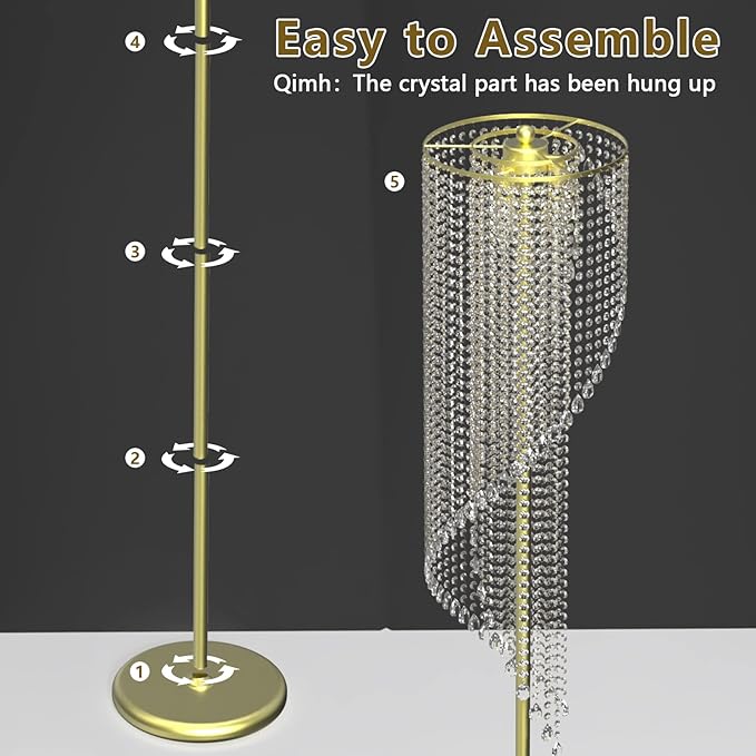 QiMH Crystal Floor Lamp for Living Room/ Bedroom Decor, Bling Elegant Rain Lamp, Gold Standing Indoor Tall Pole Light Simple Floor Lamp with Foot Switch - LeafyLoom