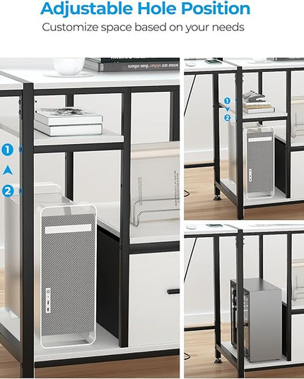 GreenForest 55 inch Computer Desk with Drawers and Outlets, Home Office Desk with Storage and Printer Shelf, Work Desk with Fabric File Drawer, Study Desk with Monitor Stand, Computer Table, White - LeafyLoom