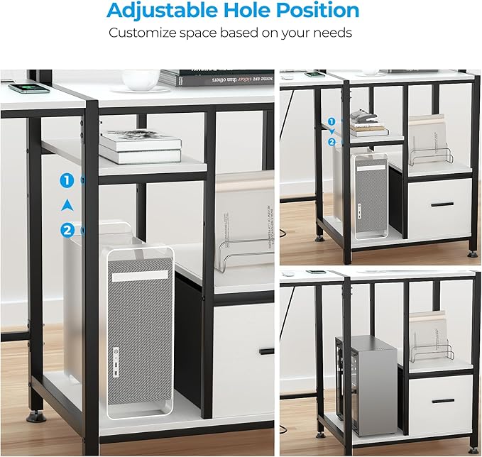 GreenForest 55 inch Computer Desk with Drawers and Outlets, Home Office Desk with Storage and Printer Shelf, Work Desk with Fabric File Drawer, Study Desk with Monitor Stand, Computer Table, White - LeafyLoom