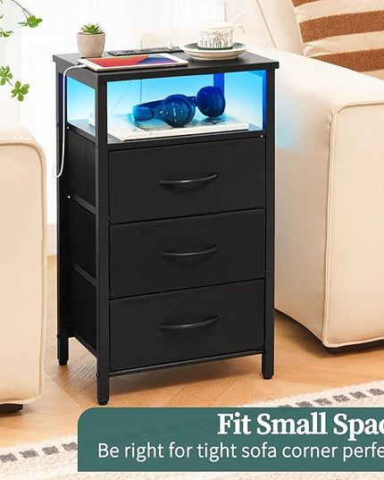 Yoobure Night Stand with Charging Station, 16 Colors LED Nightstand with USB Ports and Outlets, End Table with 3 Fabric Drawers and Storage Shelf, Bedside Tables Small Dresser for Small Space Black - LeafyLoom