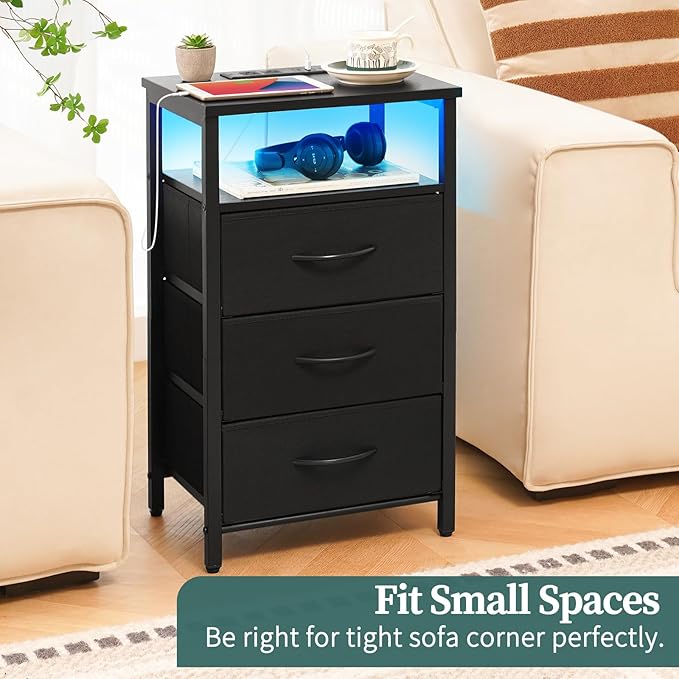 Yoobure Night Stand with Charging Station, 16 Colors LED Nightstand with USB Ports and Outlets, End Table with 3 Fabric Drawers and Storage Shelf, Bedside Tables Small Dresser for Small Space Black - LeafyLoom