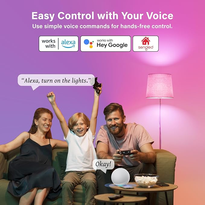 Sengled G2 Wi-Fi Bluetooth Smart Light Bulbs, Smart Bulbs That Work with Alexa & Google Assistant, Color Changing LED Light Bulbs 2000-6500K Dimmable, No Hub Required, 60W Equiv. 800LM CRI>90, 4 Pack Sengled
