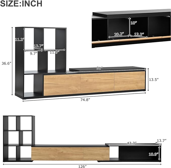 Merax Extendable TV Stand for Televisions up to 110'', Adjustable Entertainment Center with Storage Cabinets and 3 Tier Bookshelves, Sliding Tabletop Media Console for Living Room, Black - LeafyLoom