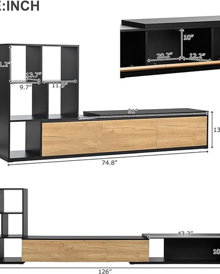 Extendable Stand with 3 Tier Bookshelves for TVs up to 110'', Adjustable Entertainment Center with Storage Cabinets, Sliding Tabletop Media Console for Living Room, Black, 126 inch Length - LeafyLoom