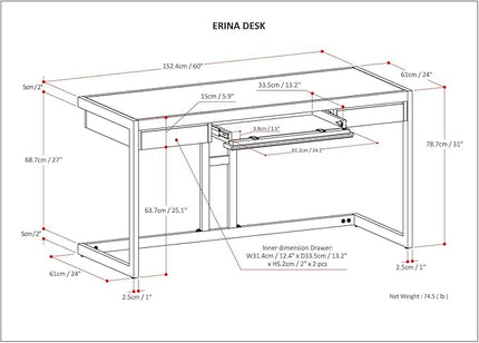 SIMPLIHOME Erina SOLID ACACIA WOOD Industrial 60 Inch Wide Writing Office Desk in Rustic Natural Aged Brown, For the Workstation and Study Table - LeafyLoom
