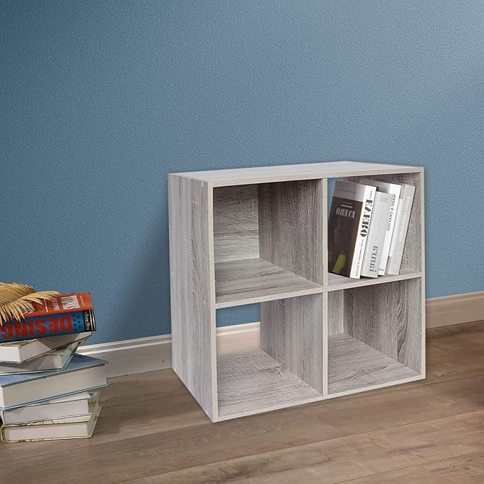 PACHIRA E-Commerce Wooden Storage Cubes Bookcase, Unit Shelf, Closet Cabinet, Organizer Rack in Living Room, Bedroom, Study, 4 Cube, OAK GREY - LeafyLoom
