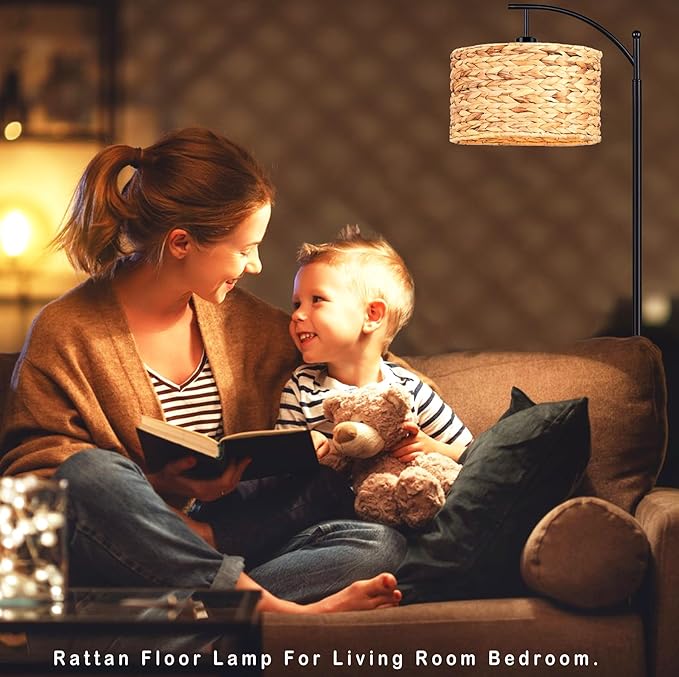 Floor Lamp for Living Room Bedroom Rattan Boho Arc Standing Lamp with Remote Dimmable Black Wicker Bamboo Lamp Shade Floor Light Adjustable Tall Lamp Farmhouse Industrial Floor Lamps Bohemian - LeafyLoom