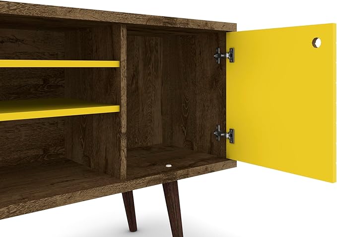 Manhattan Comfort Liberty Mid Century Modern TV Stand for Televisions up to 50 Inches, Bedroom and Living Room Entertainment Center with Storage, Shelves, and Cabinet, 53" Wide, Rustic Brown/Yellow - LeafyLoom