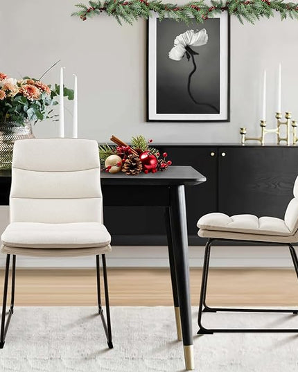 COLAMY Dining Chairs Set of 2, Upholstered Modern Waffle Fabric Dining Room Chairs, Faux Leather Chairs with High Back Side with Metal Legs for Kitchen Dining Living Waiting Room, Cream - LeafyLoom