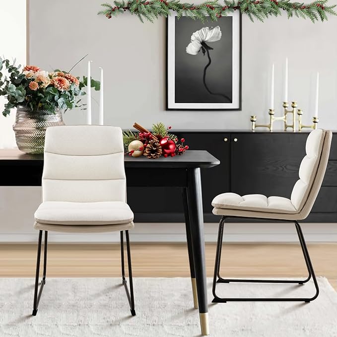COLAMY Dining Chairs Set of 2, Upholstered Modern Waffle Fabric Dining Room Chairs, Faux Leather Chairs with High Back Side with Metal Legs for Kitchen Dining Living Waiting Room, Cream - LeafyLoom