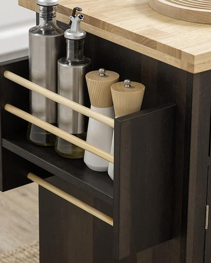 HOMCOM Kitchen Island on Wheels, Rolling Cart with Rubberwood Top, Spice Rack, Towel Rack and Drawers for Dining Room, Brown Oak - LeafyLoom