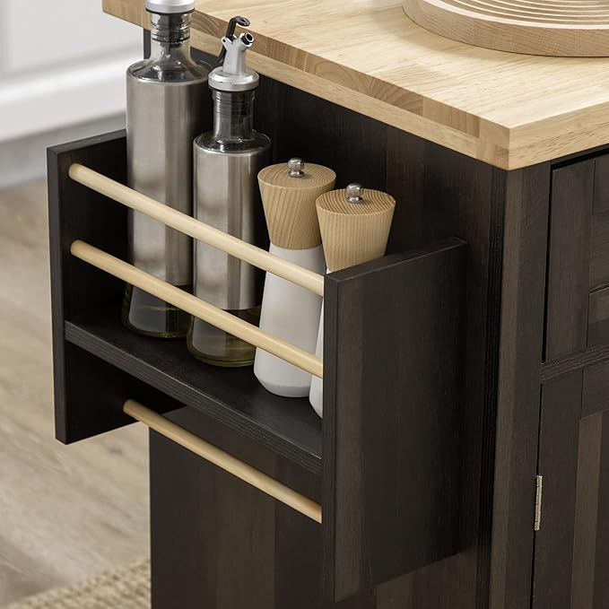 HOMCOM Kitchen Island on Wheels, Rolling Cart with Rubberwood Top, Spice Rack, Towel Rack and Drawers for Dining Room, Brown Oak - LeafyLoom