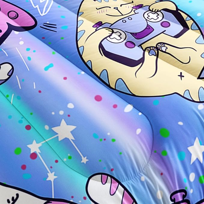 Datura home Cat Comforter Set Blue Kawaii Cat Printed Quilt Bedding Set with 1 Comforter and 2 Pillowcases for Boys and Girls Bedroom All Season(Blue Cat Queen) - LeafyLoom