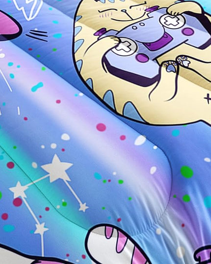 Datura home Cat Comforter Set Blue Kawaii Cat Printed Quilt Bedding Set with 1 Comforter and 2 Pillowcases for Boys and Girls Bedroom All Season(Blue Cat Full) - LeafyLoom