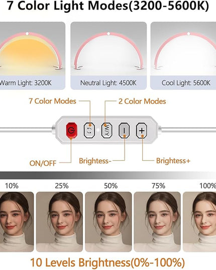 yAyusi Half Moon Light for Nail Desk with Phone Holder, 29In 40W Nail Tech Light, Nail Table Lamp with Wire Controller & Remote, 7 Color Modes, 10 Brightness for Beauty/Eyelashes/Tattoos - LeafyLoom