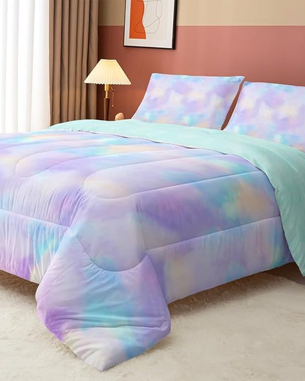 Axolotl Tie Dye Bedding Set Full,Pink Blue Purple Comforter Set,Boho Psychedelic Bedding Colorful Tie Dye Pastel Comforter Set,Rainbow Bedding Set for Kids Girls Teens Women,1 Quilt 2 Pillowcases - LeafyLoom