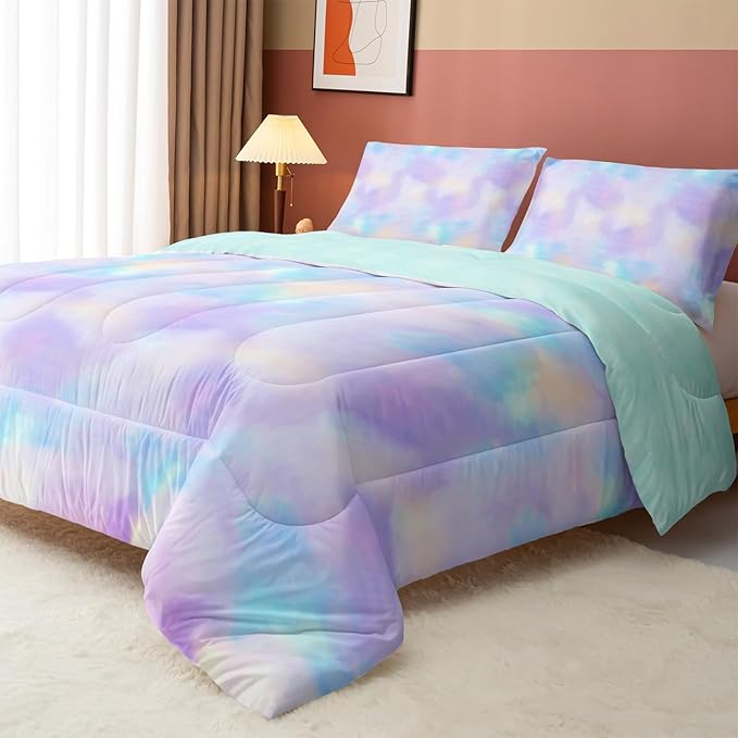 Axolotl Tie Dye Bedding Set Full,Pink Blue Purple Comforter Set,Boho Psychedelic Bedding Colorful Tie Dye Pastel Comforter Set,Rainbow Bedding Set for Kids Girls Teens Women,1 Quilt 2 Pillowcases - LeafyLoom