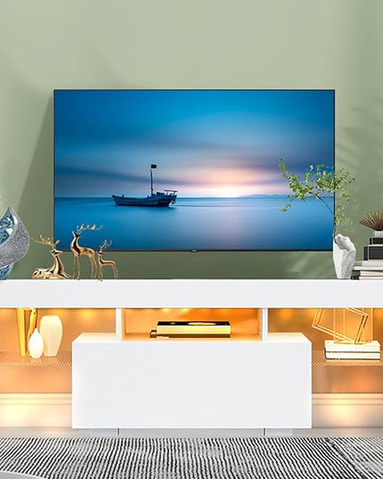 HOUAGI LED TV Stand for Televisions up to 55 Inchs,Modern Entertainment Center with Storage Drawer and Glass shelf, TV Console Table for Living room,Bedroom,White - LeafyLoom