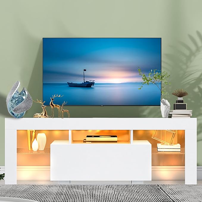 HOUAGI LED TV Stand for Televisions up to 55 Inchs,Modern Entertainment Center with Storage Drawer and Glass shelf, TV Console Table for Living room,Bedroom,White - LeafyLoom