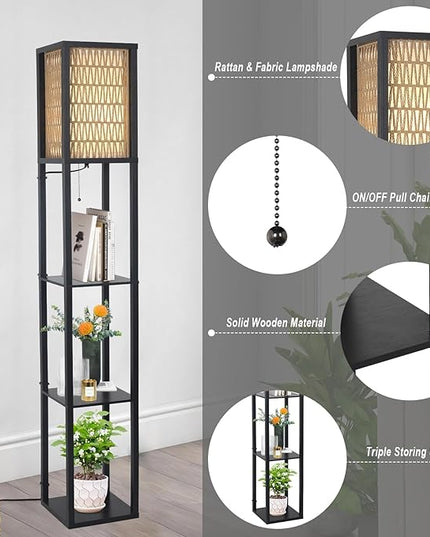 Floor Lamp with Shelves, Corner Floor Lamps for Living Room, Boho Floor Lamp with LED Bulb & Double Shades, Rattan Standing Lamp for Bedroom Office, Shelf Tall Lamp for Storage Display, Home Decor - LeafyLoom