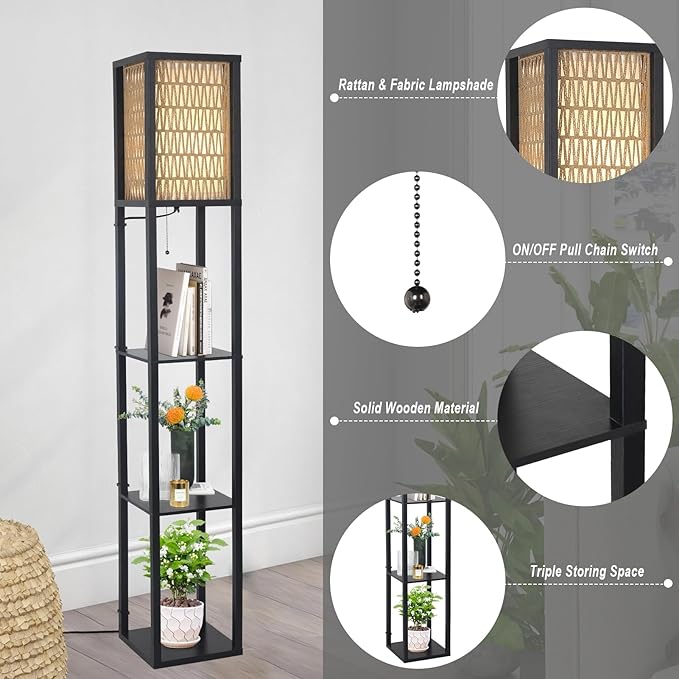 Floor Lamp with Shelves, Corner Floor Lamps for Living Room, Boho Floor Lamp with LED Bulb & Double Shades, Rattan Standing Lamp for Bedroom Office, Shelf Tall Lamp for Storage Display, Home Decor - LeafyLoom