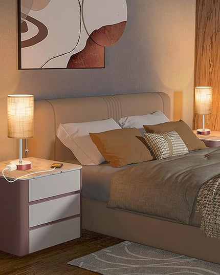 Bedside Lamp Set of 2 Table Lamps for Bedroom, 2700K/4000K/5000K Nightstand Lamp with Pull Chain and AC Outlet, Brown Table Lamp for Living Room Reading Kids Room(6W LED Bulbs Included). - LeafyLoom