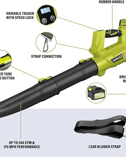 Cordless Leaf Blower,540CFM/170MPH Electric Leaf Blower with 2 * 6.0Ah Battery and Fast Charger, 6 Speed Mode and Turbo Mode Leaf Blower, 20V Battery Powered Leaf Blowers for Lawn Care and Patio - LeafyLoom