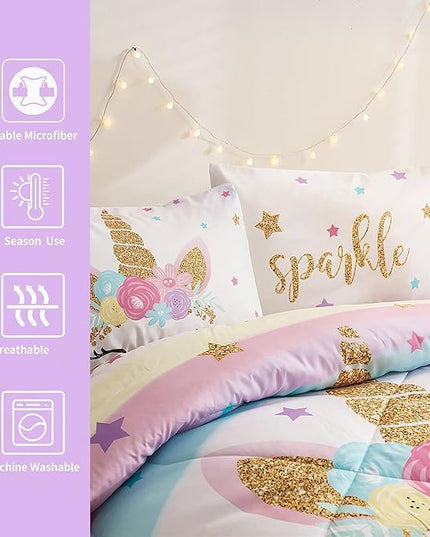 Twin Size Comforter Set for Girls, 3-Piece Bed in a Bag, 3D Colorful Unicorn Bedding Comforter Sheet Set, Ultra Soft and Fluffy, Pink & Rainbow Color - LeafyLoom