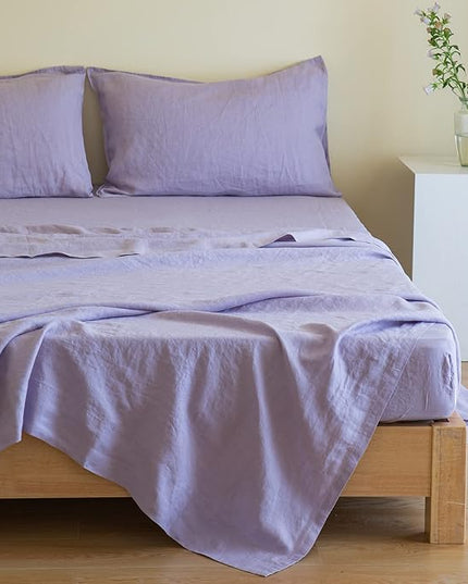 Simple&Opulence 100% Linen Sheet Set Solid Color-4 Pcs Washed French Linen Bed Sheets(1 Flat Sheet,1 Fitted Sheet,2 Pillowcases)-Breathable Bedding Set(California King, Lilac) - LeafyLoom