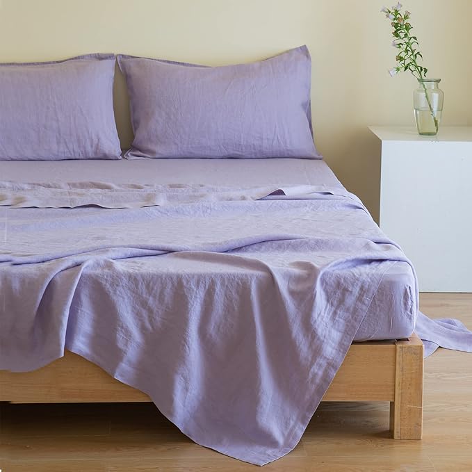 Simple&Opulence 100% Linen Sheet Set Solid Color-4 Pcs Washed French Linen Bed Sheets(1 Flat Sheet,1 Fitted Sheet,2 Pillowcases)-Breathable Bedding Set(California King, Lilac) - LeafyLoom