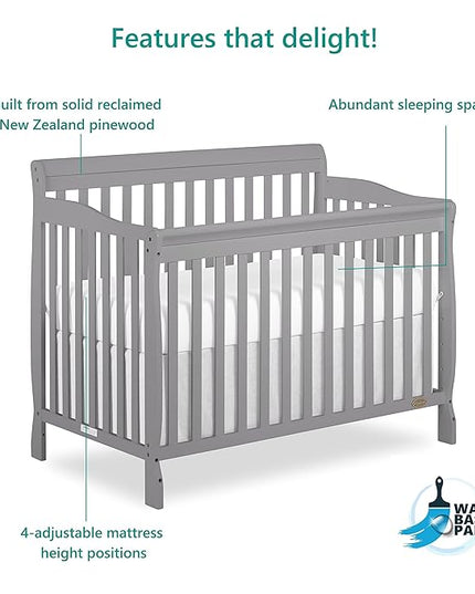Dream On Me Ashton 4-In-1 Convertible Crib In Storm Grey, Greenguard Gold, JPMA Certified, Non-Toxic Finishes, Features 4 Mattress Height Settings, Made Of Solid Pinewood - LeafyLoom