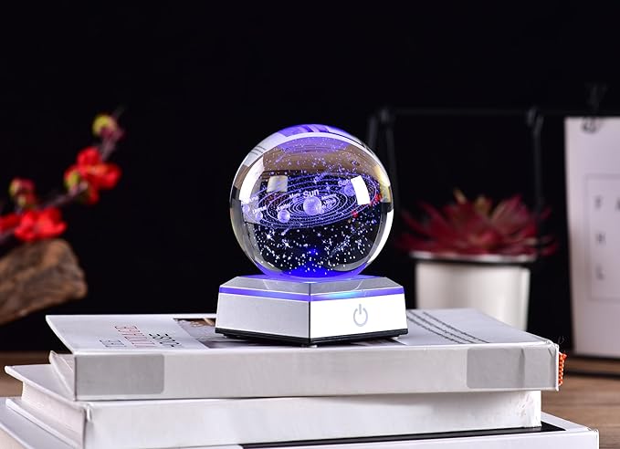 3D Crystal Ball Solar System Model, with Led Lamp Stand, 3.15'' Galaxy Planets Glass Ball Decor, Engraved Crystal Sphere with Gift Box, 6 Color Light, Romantic Gifts for Kids Friends - LeafyLoom