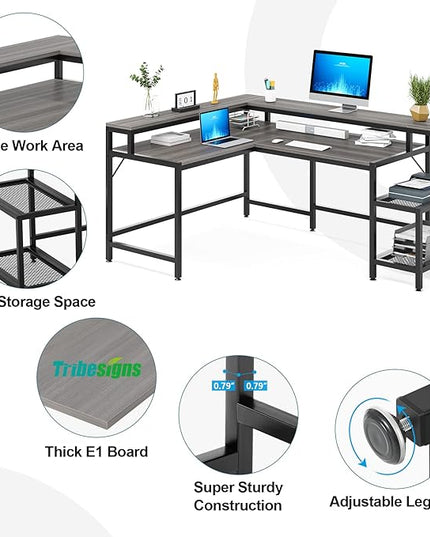 L-Shaped Desk with Monitor Shelf,Corner Computer Desk with Storage, Gray - LeafyLoom