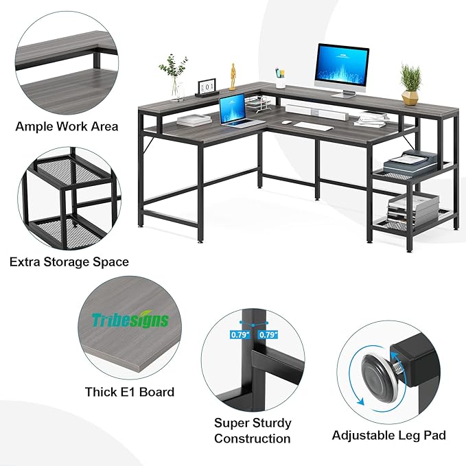 L-Shaped Desk with Monitor Shelf,Corner Computer Desk with Storage, Gray - LeafyLoom