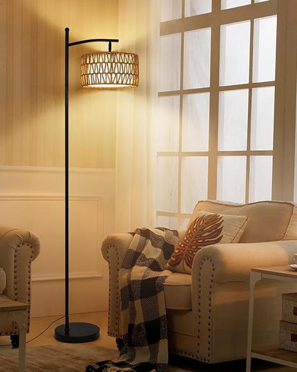 Rattan Floor Lamps for Living Room, Boho Standing Lamp with Remote Control, Arc Floor Lamp Dimmable with Rattan& Linen Double Shades, Wicker Floor Lamp for Bedroom, Office - LeafyLoom