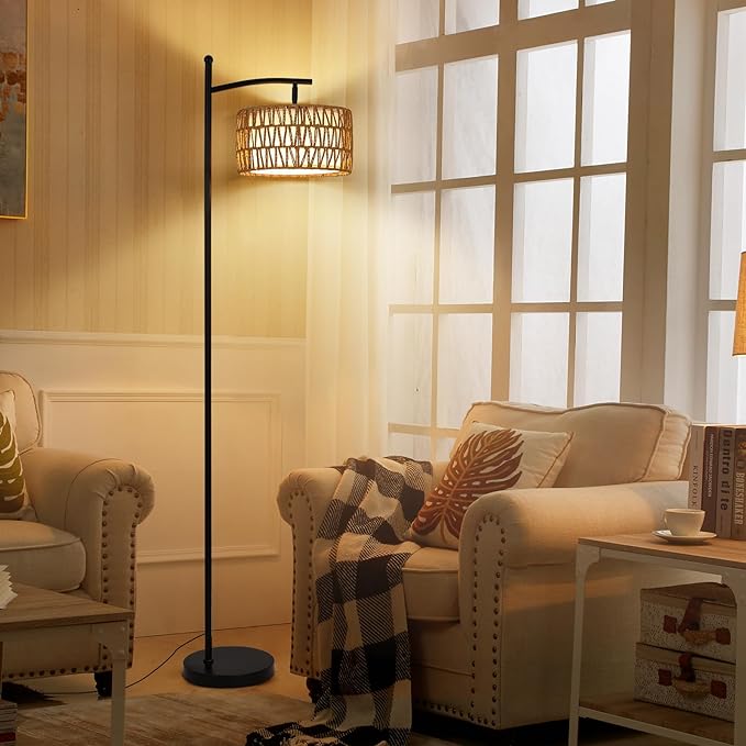 Rattan Floor Lamps for Living Room, Boho Standing Lamp with Remote Control, Arc Floor Lamp Dimmable with Rattan& Linen Double Shades, Wicker Floor Lamp for Bedroom, Office - LeafyLoom