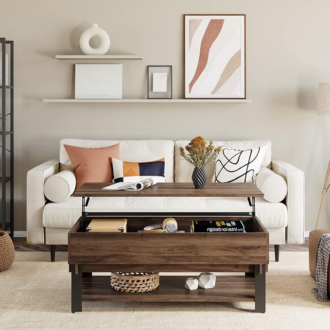 Novilla Modern Lift Top Coffee Table with Storage for Living Room Wodden Lift Tabletop Dining Table with Hidden Compartment and Metal Frame 40 Inch, Walnut - LeafyLoom