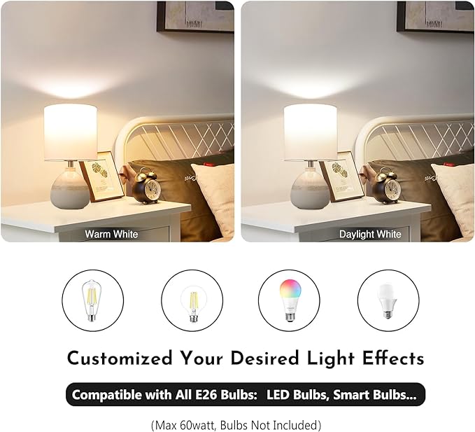 Set of 2 Ceramic Table Lamp for Bedroom, Small Table Lamp White Farmhouse Rustic Lamp Set Bedside Table Lamps for Nightstand Side Table Lamps for Living Room, 13.7IN - LeafyLoom