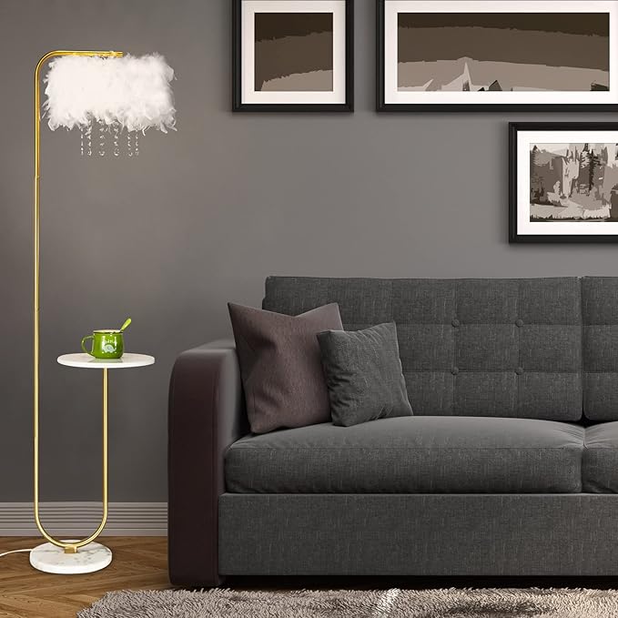 Unique Led White Feather Floor Lamp with Tray,Ostrich Feather Stand Lamp,Living Room Bedroom Office Shop Window Decoration Lamp,Foot Switch and Brass/Gold Finish Arc Floor Lamp - LeafyLoom