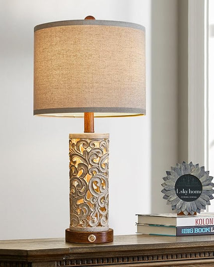 OYEARS 3-Way Dimmable 22'' USB A+C Touch Control Table Lamp with Nightlight for Living Room Bedroom Farmhouse Bedside Nightstand Lamps (Brown Bulb Included - LeafyLoom