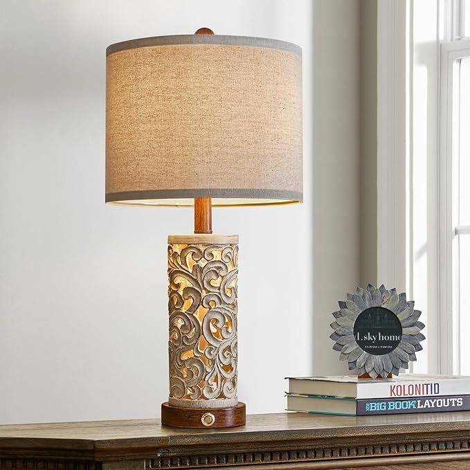 OYEARS 3-Way Dimmable 22'' USB A+C Touch Control Table Lamp with Nightlight for Living Room Bedroom Farmhouse Bedside Nightstand Lamps (Brown Bulb Included - LeafyLoom