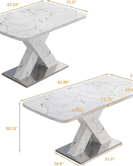 NicBex Dining Table Contemporary Kitchen Table Farmhouse Rustic Square Dining Table, Stretchable, White Marble Table Top+MDF X-Shape Table Leg with Metal Base, Easy Assembly, White - LeafyLoom