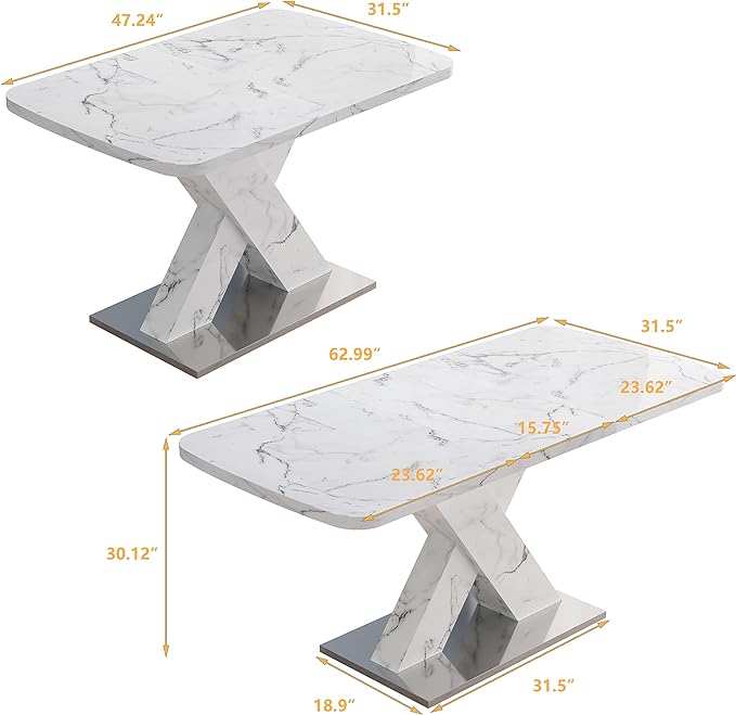 NicBex Dining Table Contemporary Kitchen Table Farmhouse Rustic Square Dining Table, Stretchable, White Marble Table Top+MDF X-Shape Table Leg with Metal Base, Easy Assembly, White - LeafyLoom